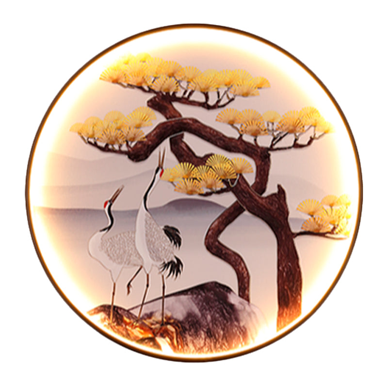 Black Halcyon Led Wall Mural Light - Asian-Inspired Mountain And Pine Tree/Bird Painting Enhance