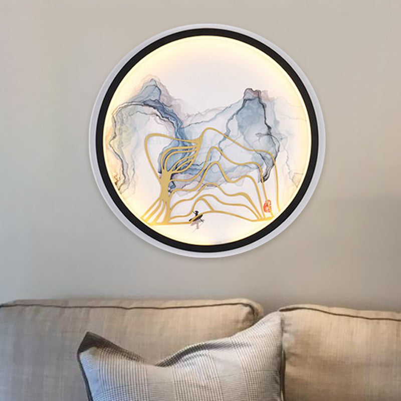 Chinese Style Watercolour Mountain/Fish Led Wall Mount In White For Bedroom Décor / Mountain