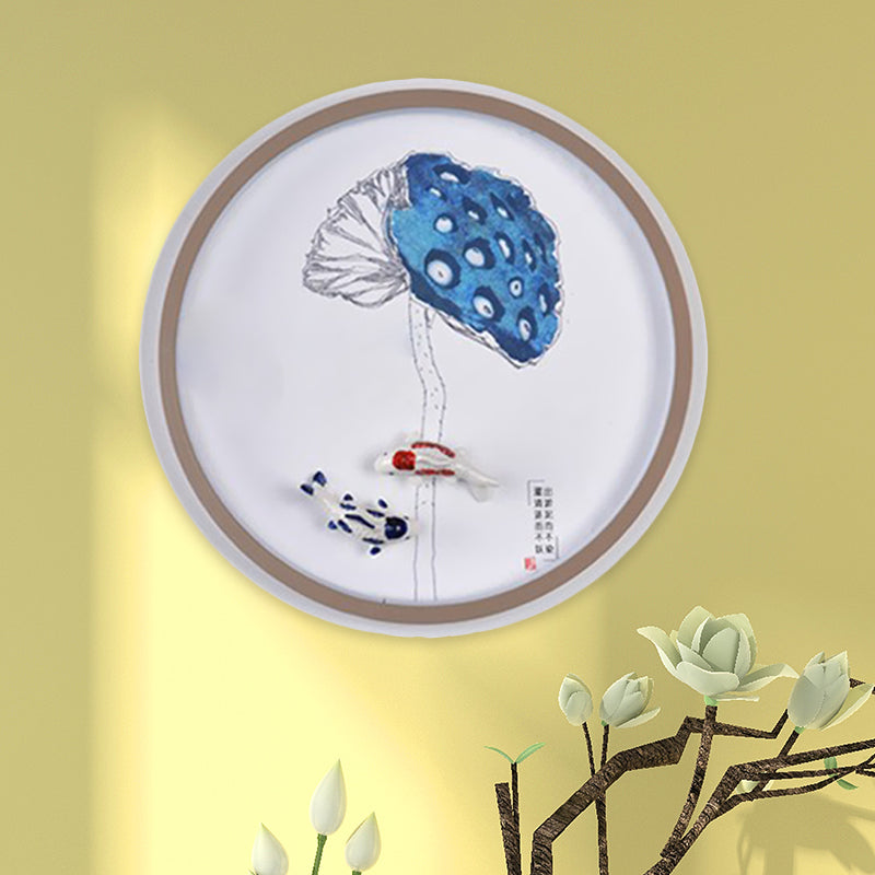 Chinese Style Watercolour Mountain/Fish Led Wall Mount In White For Bedroom Décor / Fish