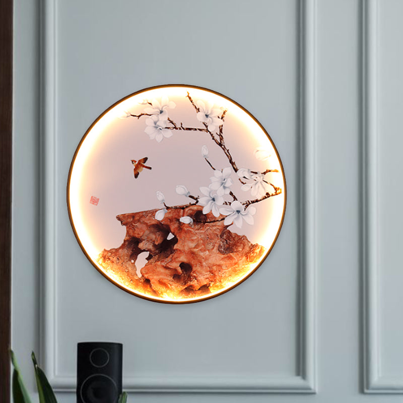 Elk/Bird Painting Wall Mural Lamp: Fabric Black Led Sconce Light Fixture For Tearoom In Asia / Bird