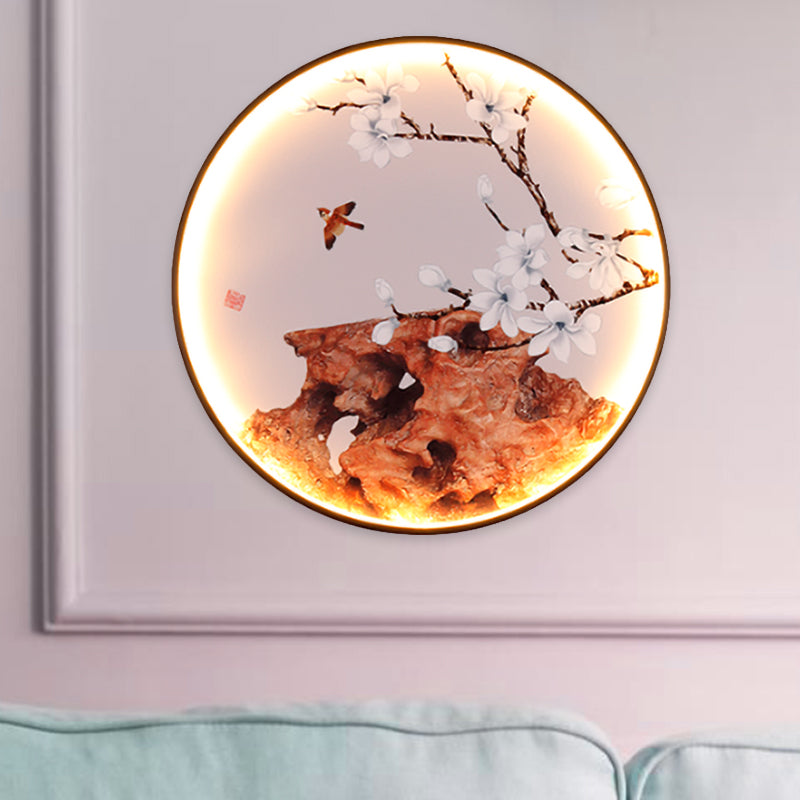 Elk/Bird Painting Wall Mural Lamp: Fabric Black Led Sconce Light Fixture For Tearoom In Asia