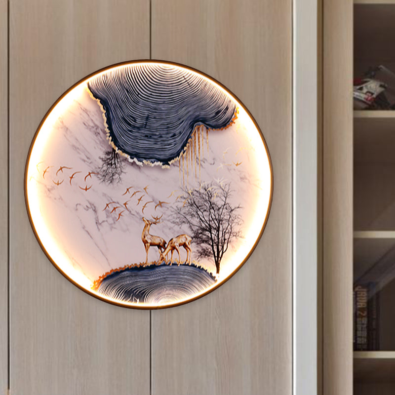 Elk/Bird Painting Wall Mural Lamp: Fabric Black Led Sconce Light Fixture For Tearoom In Asia / Elk