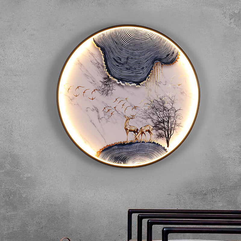 Elk/Bird Painting Wall Mural Lamp: Fabric Black Led Sconce Light Fixture For Tearoom In Asia