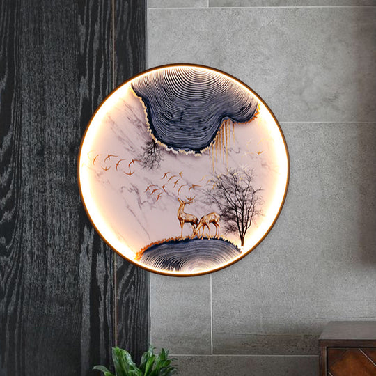 Elk/Bird Painting Wall Mural Lamp: Fabric Black Led Sconce Light Fixture For Tearoom In Asia