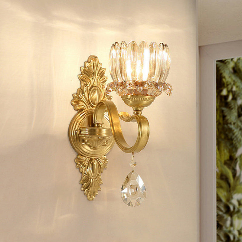 Antique Brass Lotus Wall Sconce: Clear Glass Mounted Lamp For Living Room