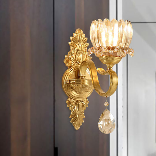 Antique Brass Lotus Wall Sconce: Clear Glass Mounted Lamp For Living Room