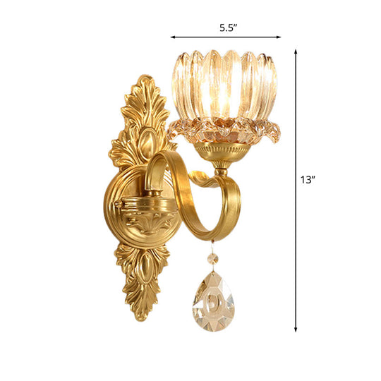 Antique Brass Lotus Wall Sconce: Clear Glass Mounted Lamp For Living Room