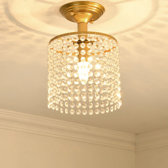 Crystal Strand Semi Flush 1-Light Gold Lamp - Simple Cylindrical Design for Close to Ceiling Lighting