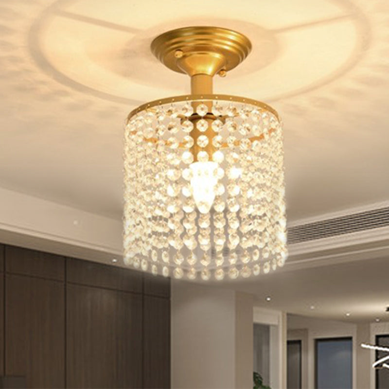 Crystal Strand Semi Flush 1-Light Gold Lamp - Simple Cylindrical Design for Close to Ceiling Lighting