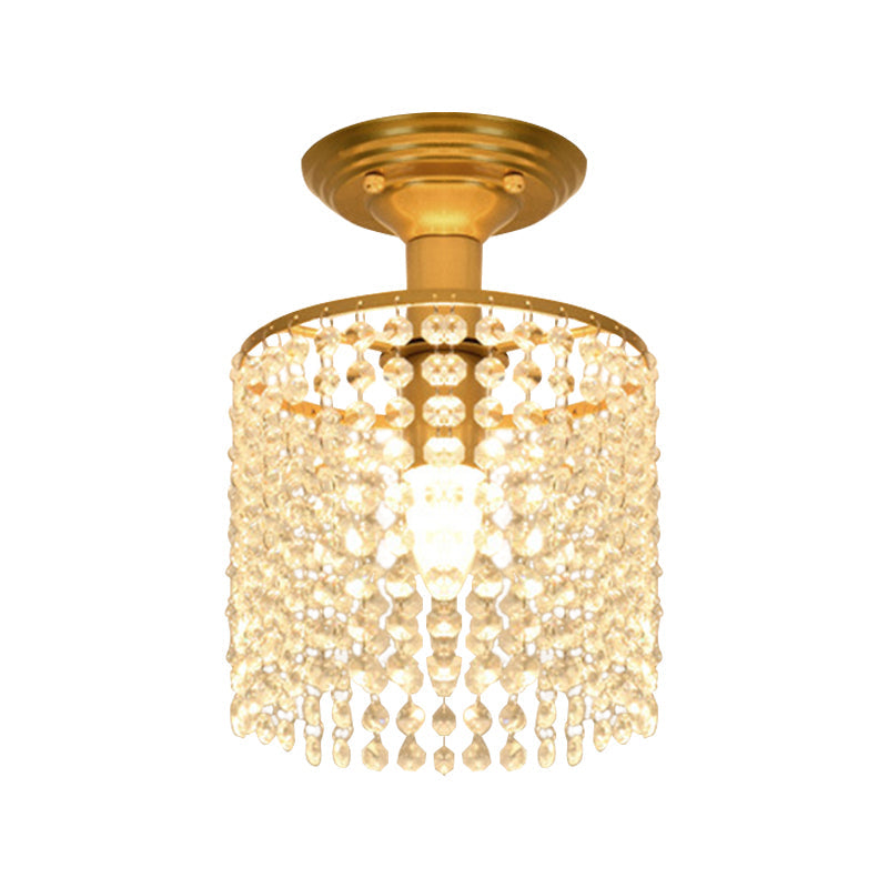 Crystal Strand Semi Flush 1-Light Gold Lamp - Simple Cylindrical Design for Close to Ceiling Lighting