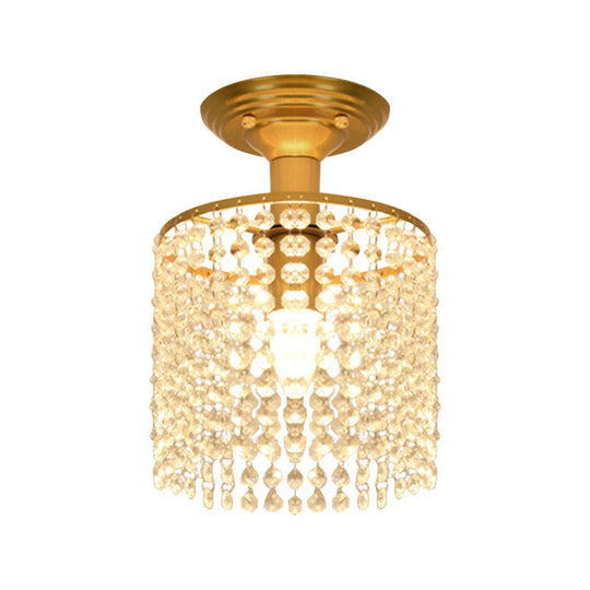 Crystal Strand Semi Flush 1-Light Gold Lamp - Simple Cylindrical Design for Close to Ceiling Lighting