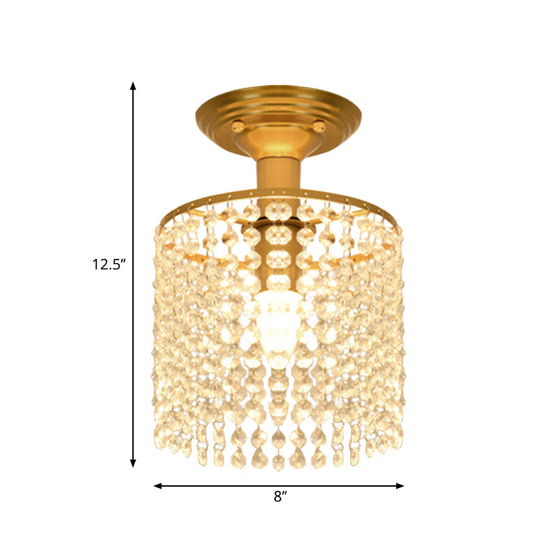 Crystal Strand Semi Flush 1-Light Gold Lamp - Simple Cylindrical Design for Close to Ceiling Lighting