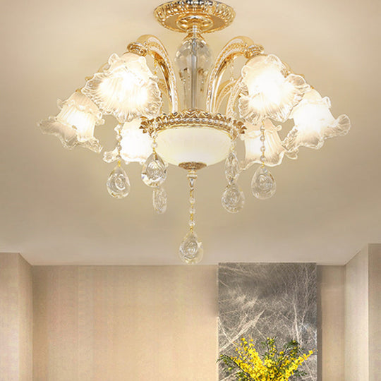 Gold Hand-Cut K9 Crystal Flower Semi Flush Mid Century Ceiling Light - 6 Lights For Bedroom