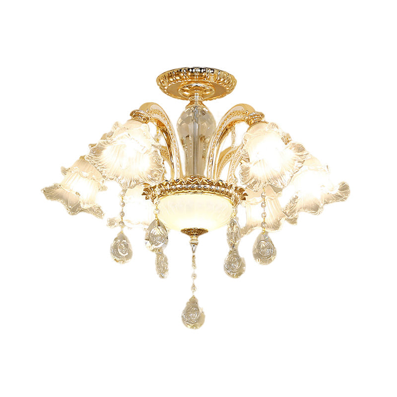 Gold Hand-Cut K9 Crystal Flower Semi Flush Mid Century Ceiling Light - 6 Lights For Bedroom