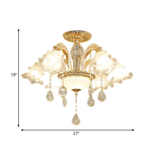 Gold Hand-Cut K9 Crystal Flower Semi Flush Mid Century Ceiling Light - 6 Lights For Bedroom