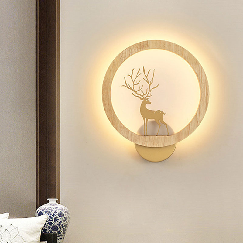 Contemporary Wood Halo Ring Led Wall Sconce Black/Beige With Sika Deer Silhouette