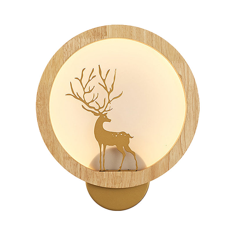 Contemporary Wood Halo Ring Led Wall Sconce Black/Beige With Sika Deer Silhouette