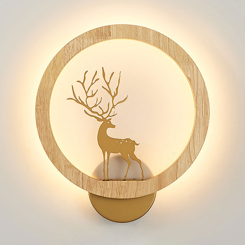 Contemporary Wood Halo Ring Led Wall Sconce Black/Beige With Sika Deer Silhouette