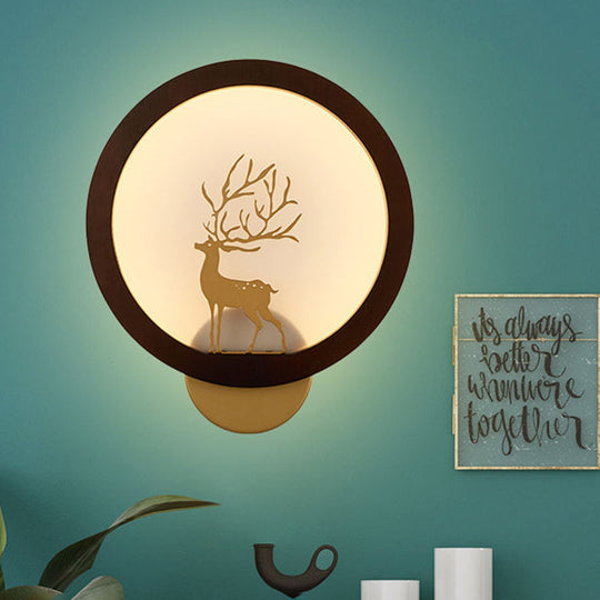 Contemporary Wood Halo Ring Led Wall Sconce Black/Beige With Sika Deer Silhouette Black