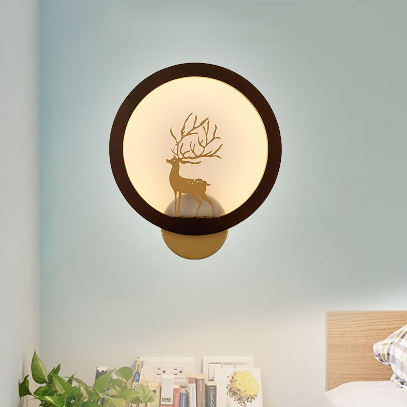 Contemporary Wood Halo Ring Led Wall Sconce Black/Beige With Sika Deer Silhouette