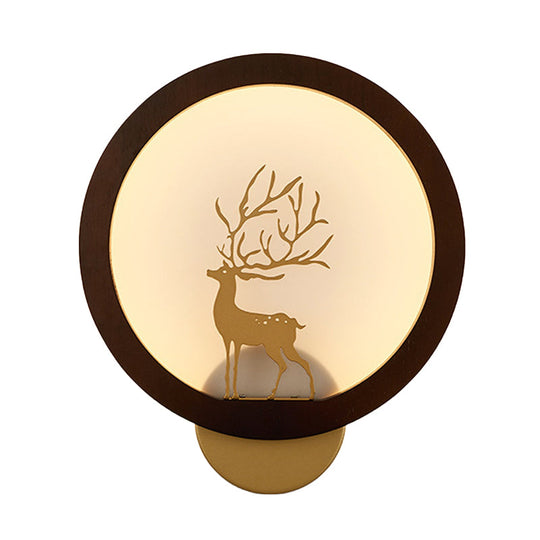 Contemporary Wood Halo Ring Led Wall Sconce Black/Beige With Sika Deer Silhouette