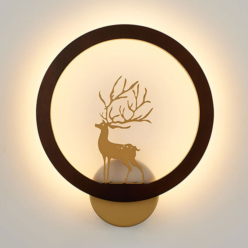 Contemporary Wood Halo Ring Led Wall Sconce Black/Beige With Sika Deer Silhouette