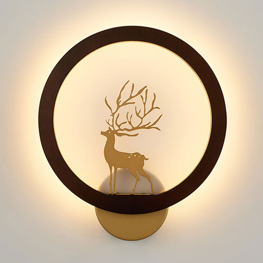 Contemporary Wood Halo Ring Led Wall Sconce Black/Beige With Sika Deer Silhouette