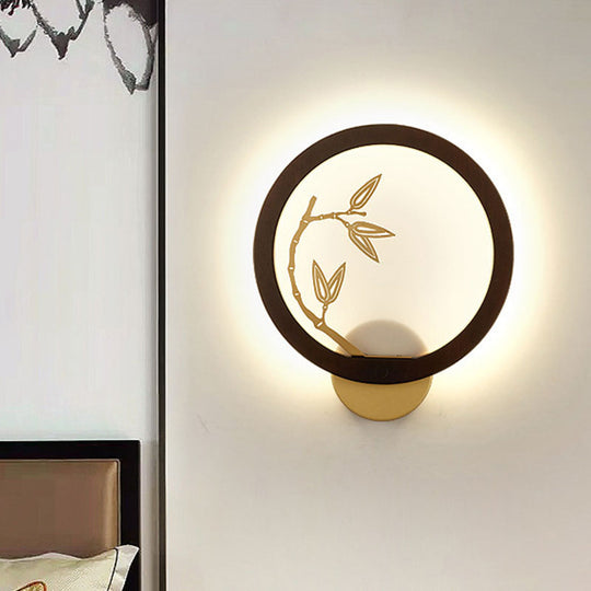 Bamboo Leaf Mural Lamp - Black/Beige Chinese Style Wood Led Wall Mount Light Fixture For Bedroom