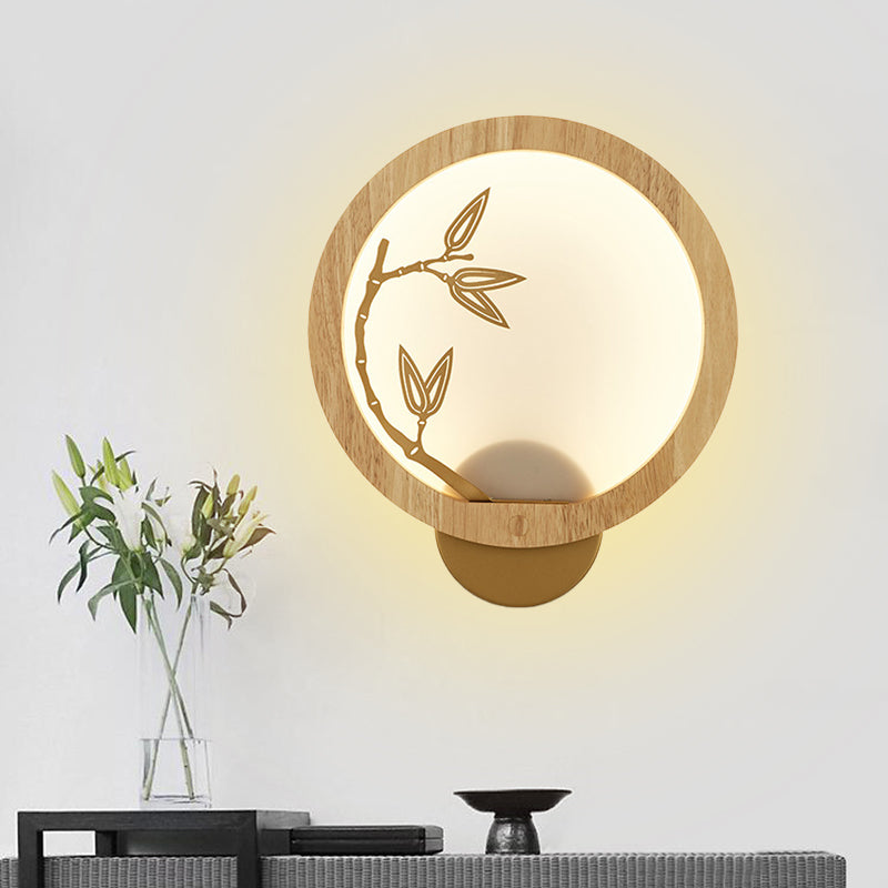 Bamboo Leaf Mural Lamp - Black/Beige Chinese Style Wood Led Wall Mount Light Fixture For Bedroom