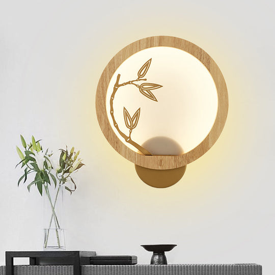 Bamboo Leaf Mural Lamp - Black/Beige Chinese Style Wood Led Wall Mount Light Fixture For Bedroom