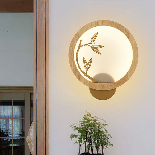 Bamboo Leaf Mural Lamp - Black/Beige Chinese Style Wood Led Wall Mount Light Fixture For Bedroom