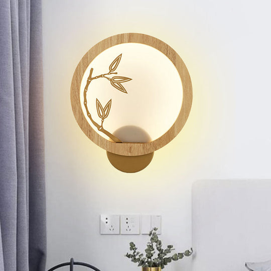 Bamboo Leaf Mural Lamp - Black/Beige Chinese Style Wood Led Wall Mount Light Fixture For Bedroom