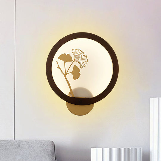 Ginkgo Biloba Led Wall Light In Asian Style - Wood Mural Fixture For Family Rooms Black/Beige