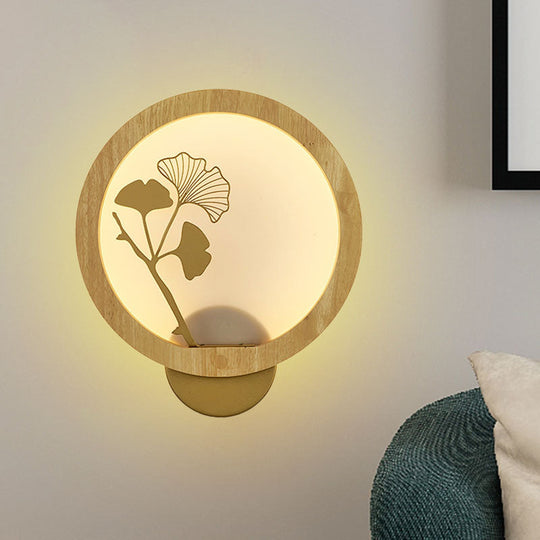 Ginkgo Biloba Led Wall Light In Asian Style - Wood Mural Fixture For Family Rooms Black/Beige