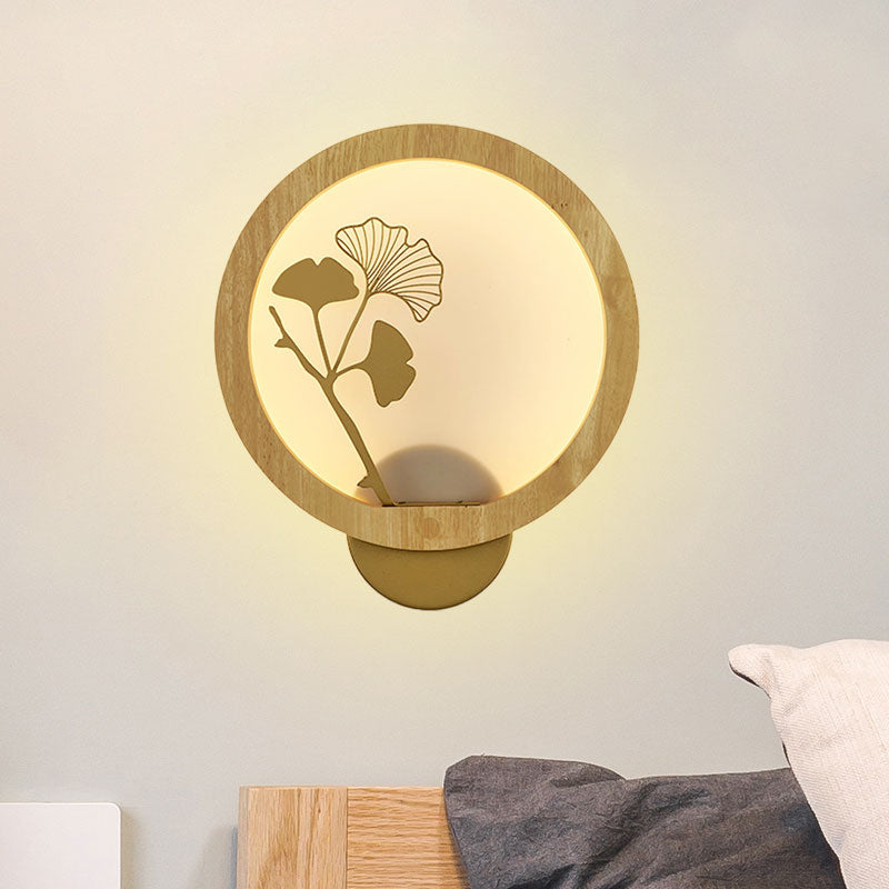 Ginkgo Biloba Led Wall Light In Asian Style - Wood Mural Fixture For Family Rooms Black/Beige