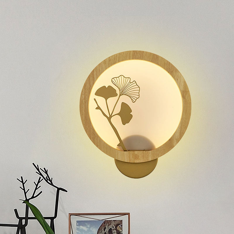 Ginkgo Biloba Led Wall Light In Asian Style - Wood Mural Fixture For Family Rooms Black/Beige