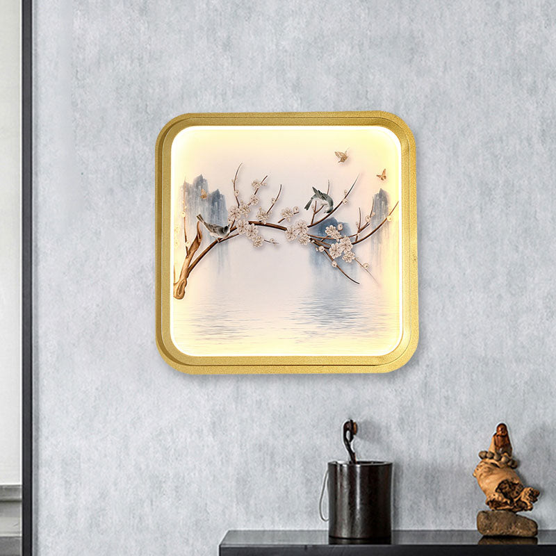 Asia Led Mural Light In Gold/Khaki With Fabric Shade - Sconce Lighting Lake And Flower Branch