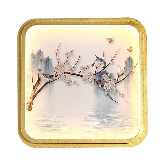 Asia Led Mural Light In Gold/Khaki With Fabric Shade - Sconce Lighting Lake And Flower Branch