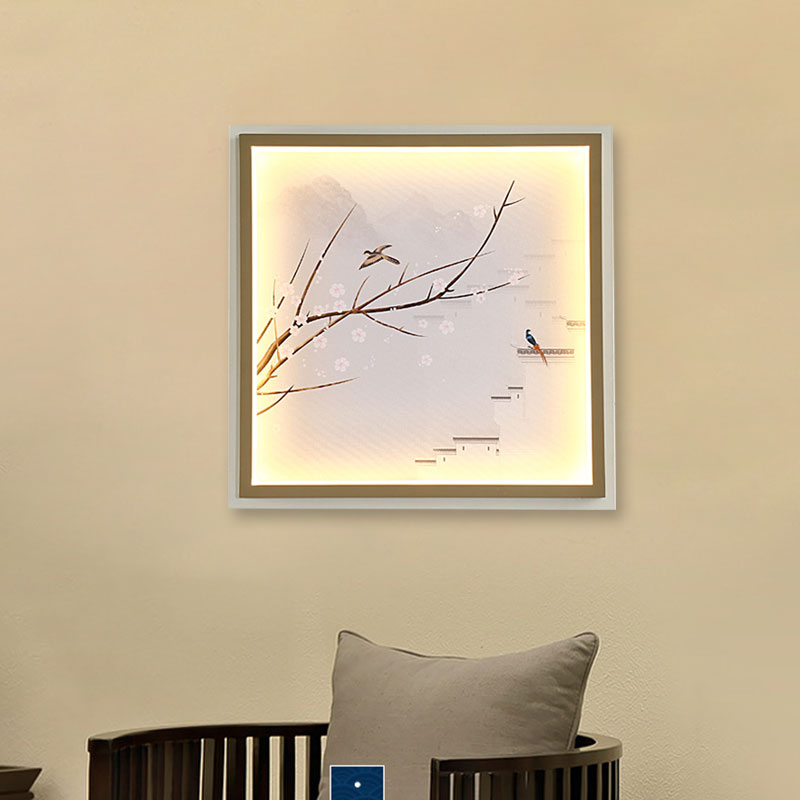 Asia Led Mural Light In Gold/Khaki With Fabric Shade - Sconce Lighting Lake And Flower Branch