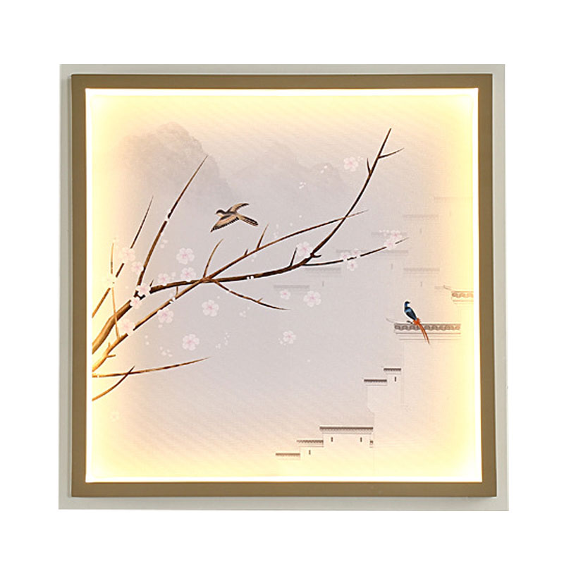 Asia Led Mural Light In Gold/Khaki With Fabric Shade - Sconce Lighting Lake And Flower Branch