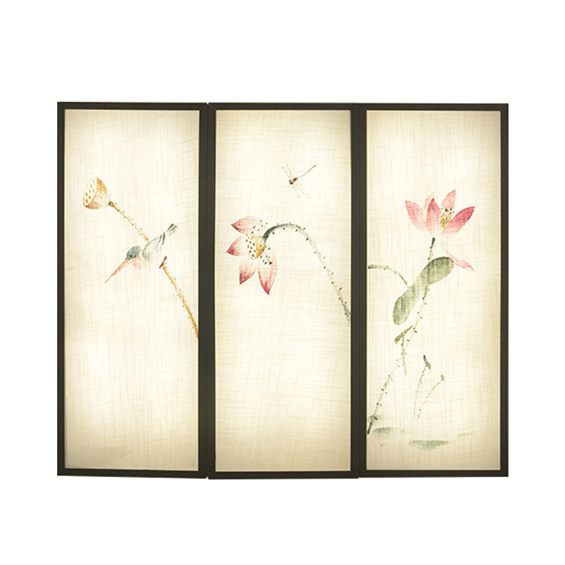 Lotus Pattern Led Fabric Wall Mount Lamp: Black Panel Rectangular Mural Lamp Inspired By Asia