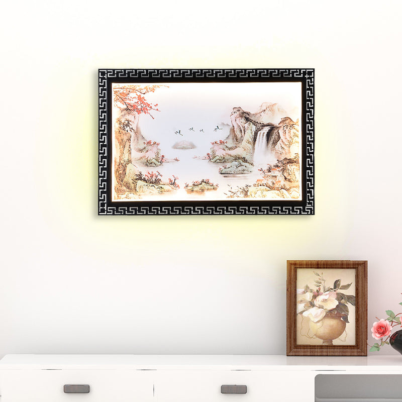 Chinese Fabric Led Wall Sconce: Paradise/Misty Mountain Black Mural Lighting For Home Décor / A