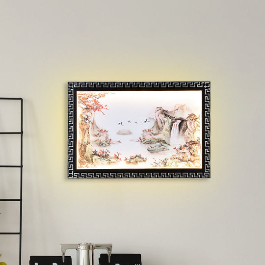 Chinese Fabric Led Wall Sconce: Paradise/Misty Mountain Black Mural Lighting For Home Décor