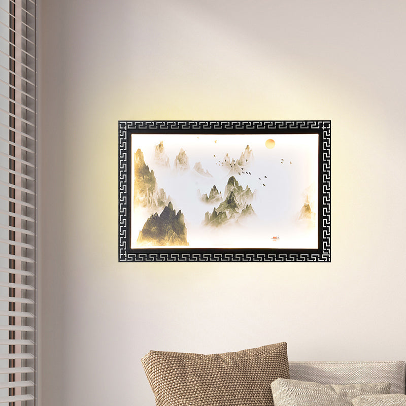 Chinese Fabric Led Wall Sconce: Paradise/Misty Mountain Black Mural Lighting For Home Décor