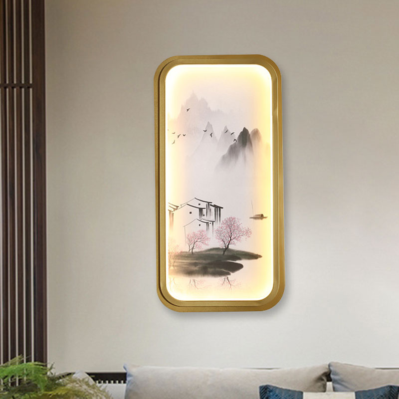 Chinese Ink Village Lotus Mural Lamp - Fabric Led Wall Mount Light In Gold For Family Room / B