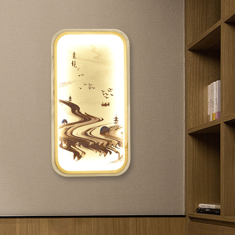 Asian Gold Led Wall Lamp For Living Room - Path Drawing Fabric Mural Lighting