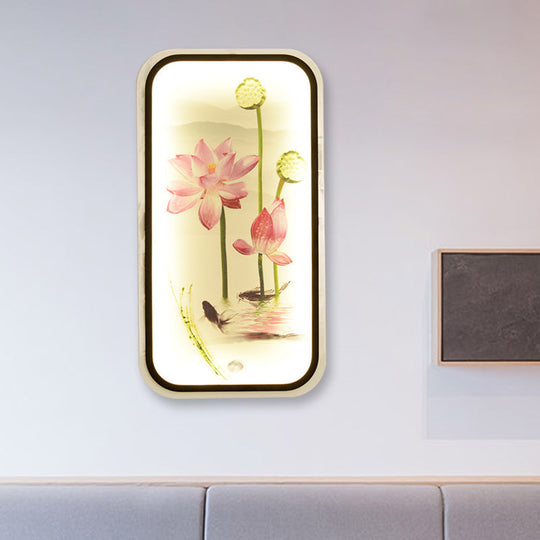 Chinese Lotus Pond Mural Led Wall Mounted Light Fixture In Black - Fabric For Sitting Room