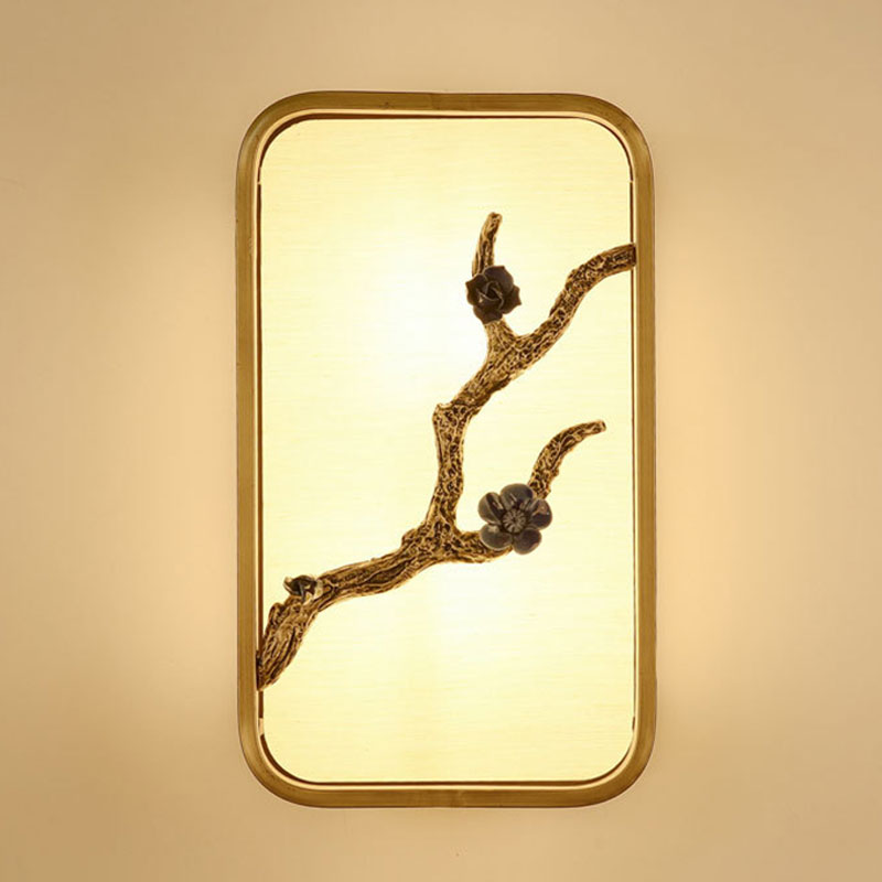 15/23 H Asian Fabric Gold Led Wall Lamp With Flower Branch Decoration