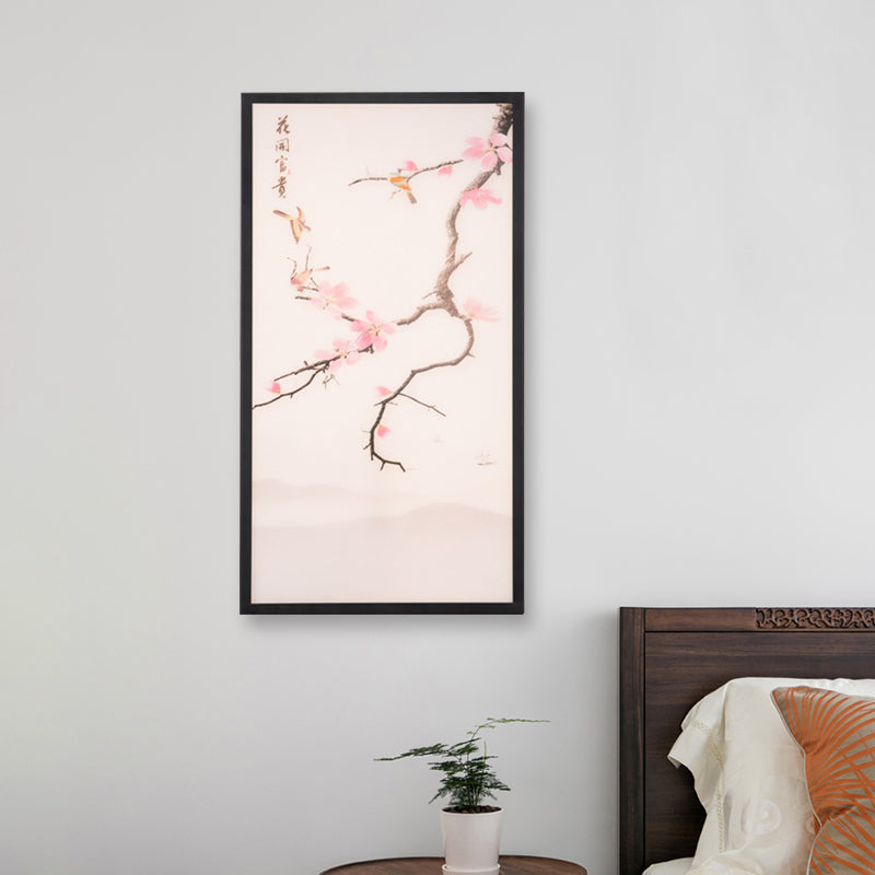 Stunning Asian Style Led Wall Mount Sconce With Black Bird And Peach Blossom Painting Fabric Shade