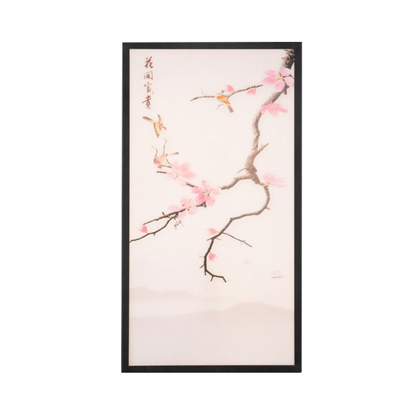 Stunning Asian Style Led Wall Mount Sconce With Black Bird And Peach Blossom Painting Fabric Shade